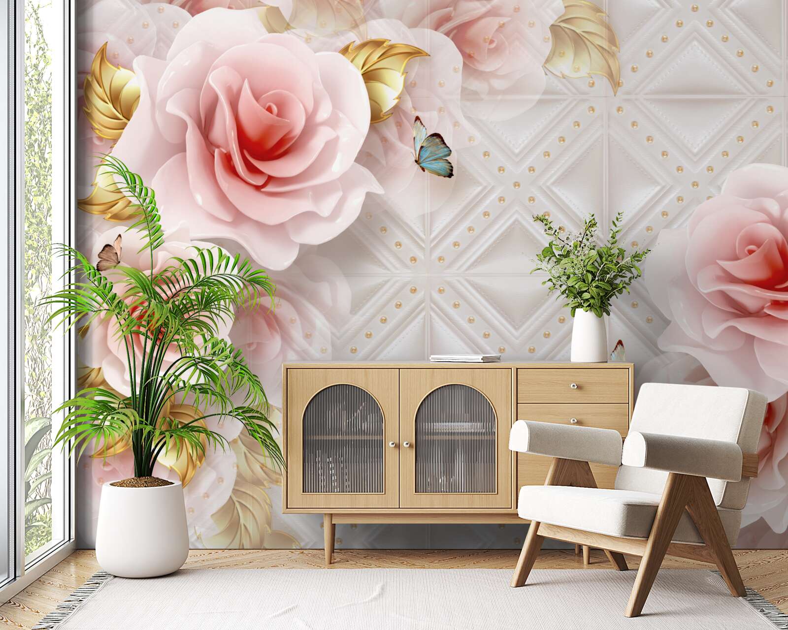 Fototapet trandafirul roz strălucitor își dezvăluie mugurii luxurianți