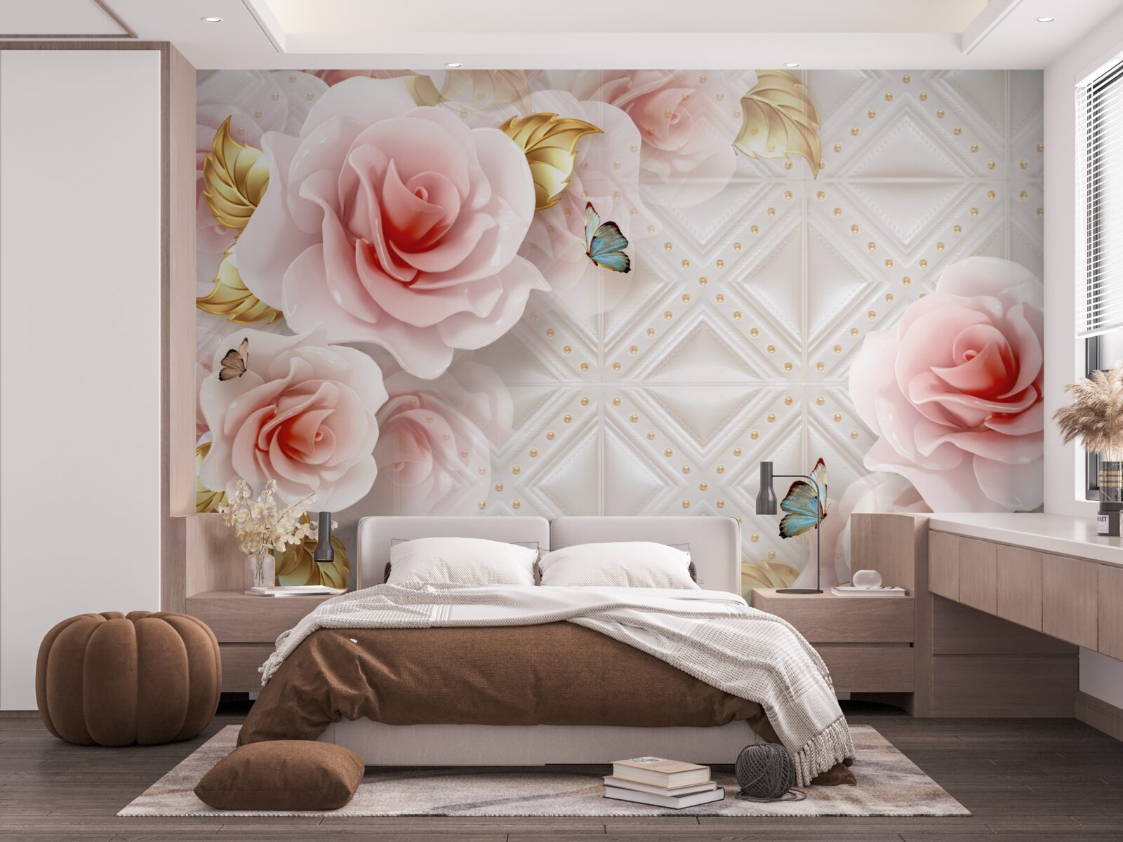 Fototapet trandafirul roz strălucitor își dezvăluie mugurii luxurianți