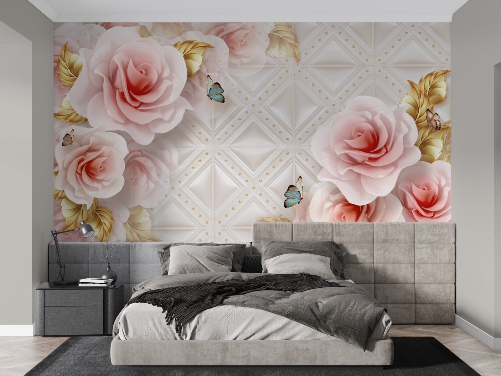 Fototapet trandafirul roz strălucitor își dezvăluie mugurii luxurianți