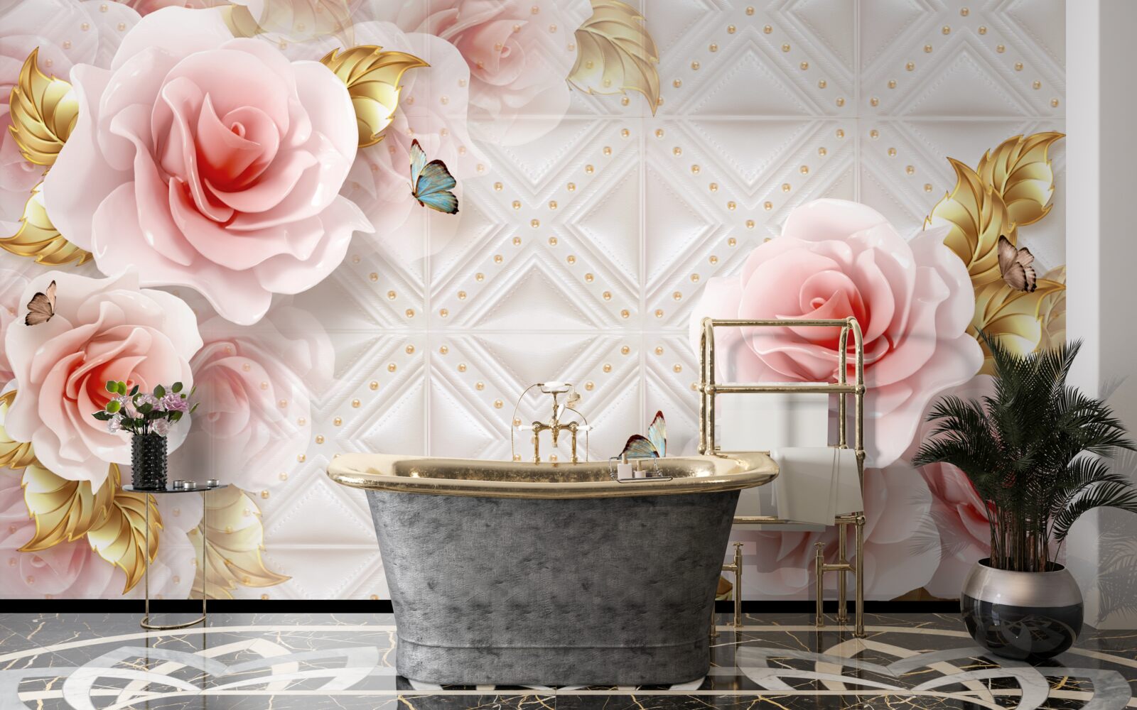 Fototapet trandafirul roz strălucitor își dezvăluie mugurii luxurianți