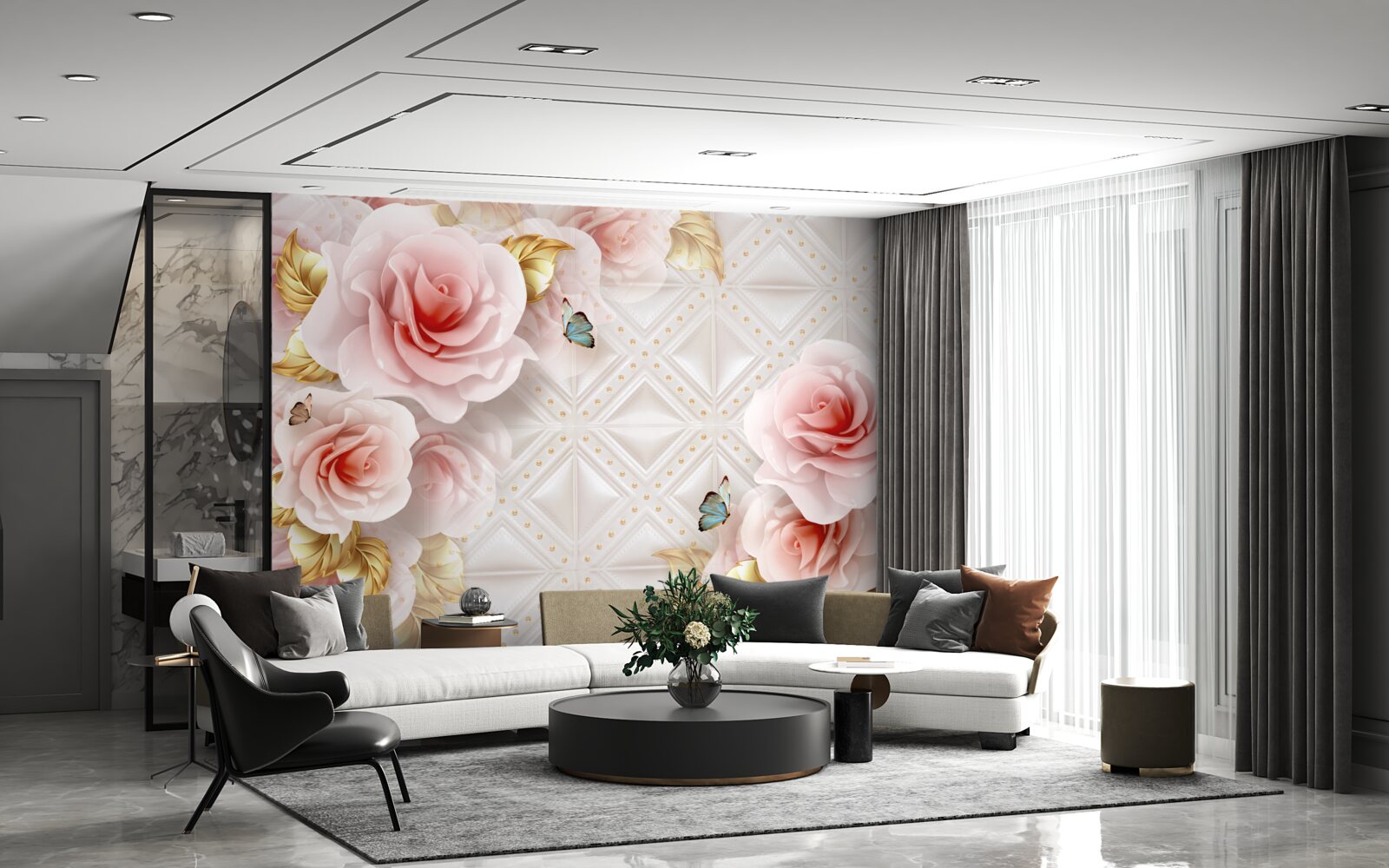 Fototapet trandafirul roz strălucitor își dezvăluie mugurii luxurianți