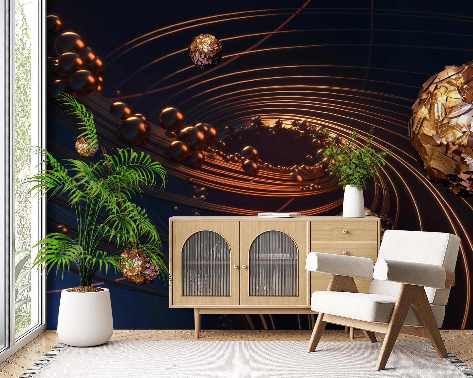 Fototapet traiectoriile de rotație a mingii în abstract