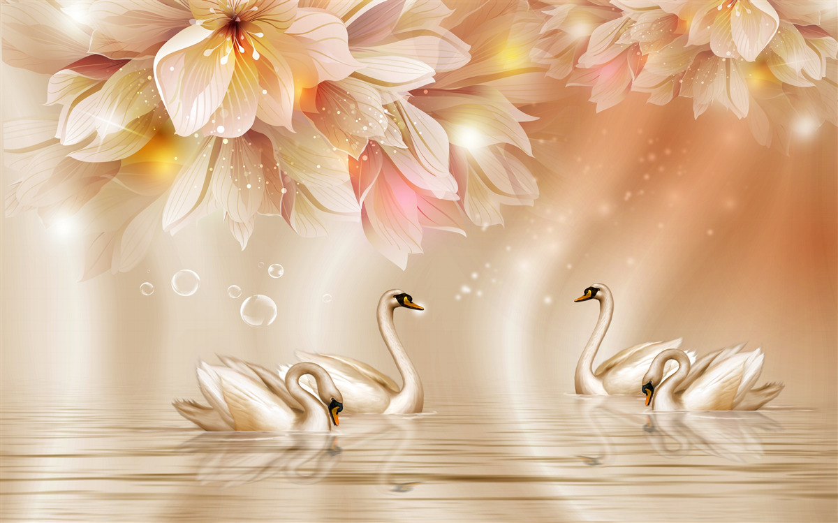 Fototapet flori și un grup de lebede grațioase pe suprafața apei