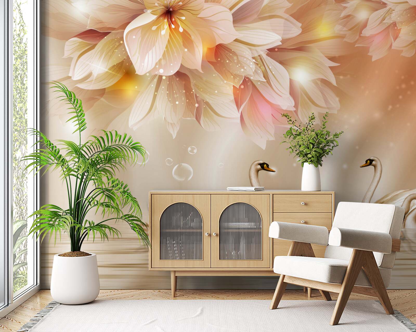 Fototapet flori și un grup de lebede grațioase pe suprafața apei