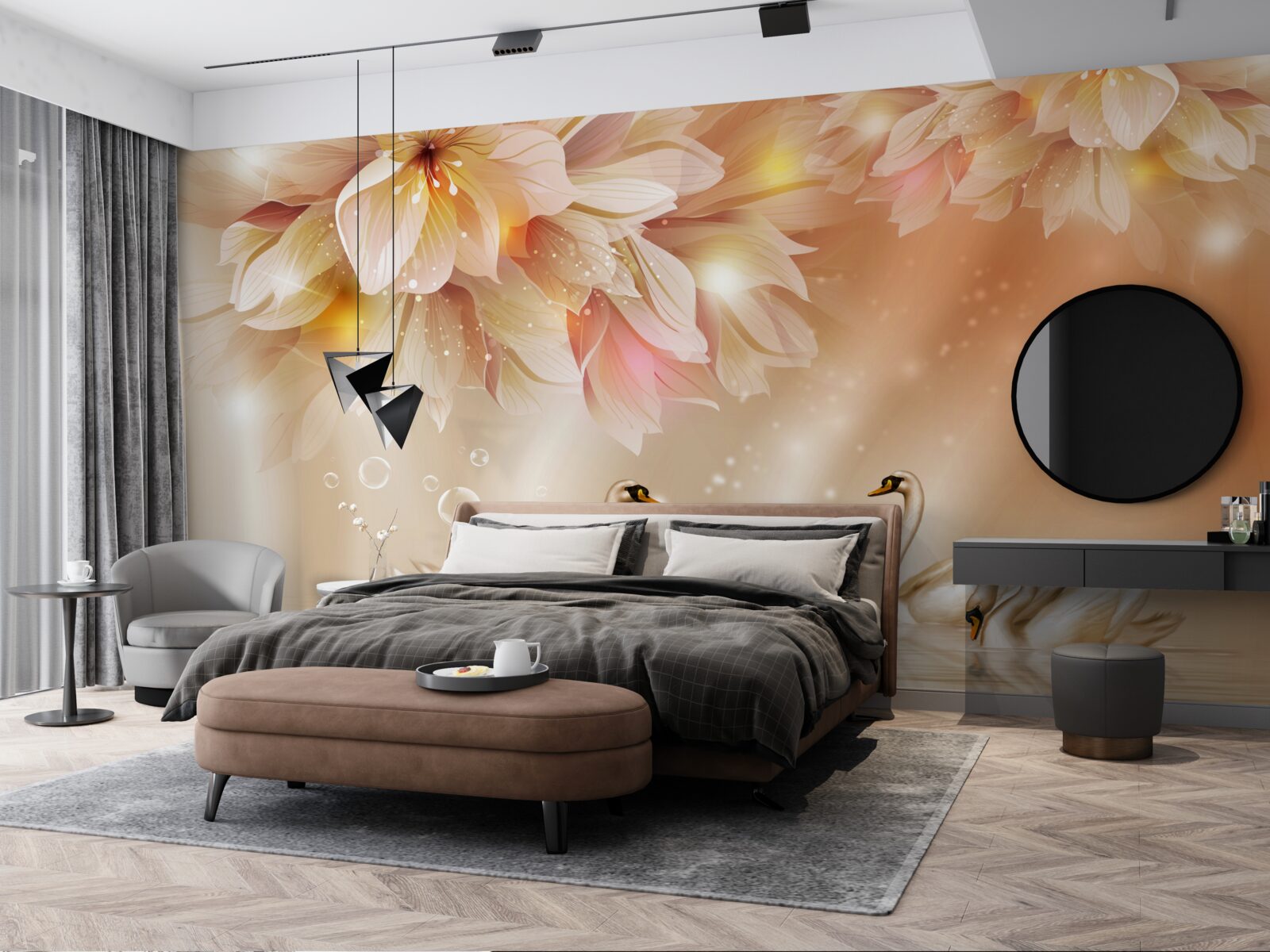 Fototapet flori și un grup de lebede grațioase pe suprafața apei