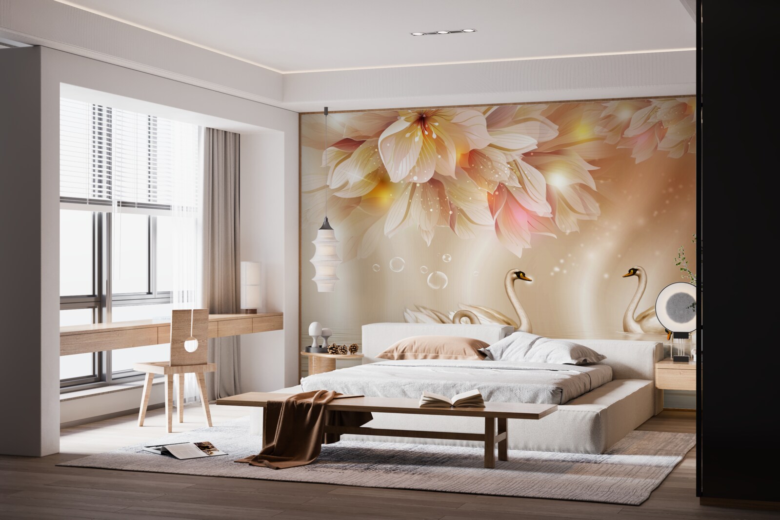 Fototapet flori și un grup de lebede grațioase pe suprafața apei