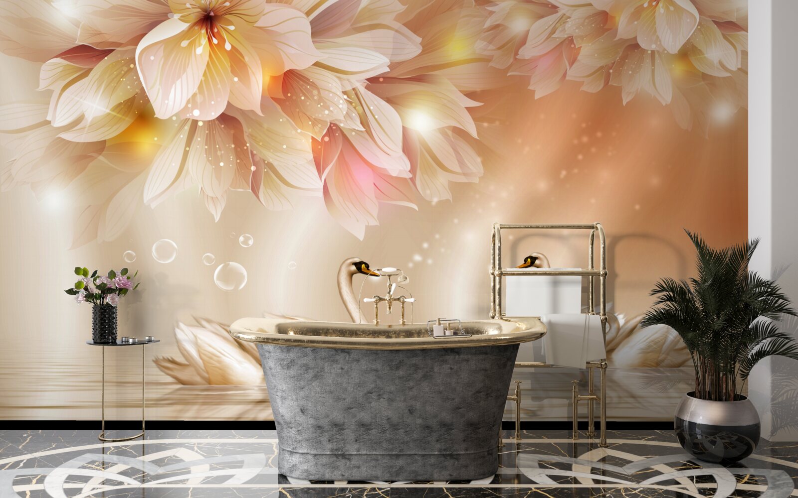 Fototapet flori și un grup de lebede grațioase pe suprafața apei