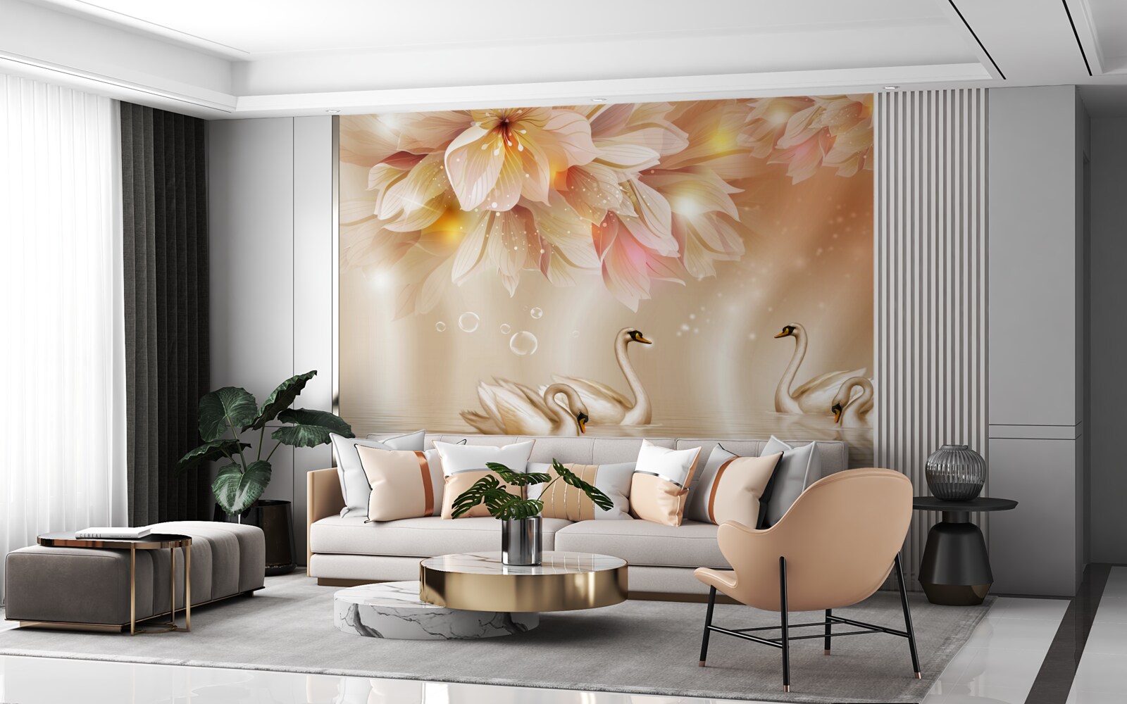 Fototapet flori și un grup de lebede grațioase pe suprafața apei