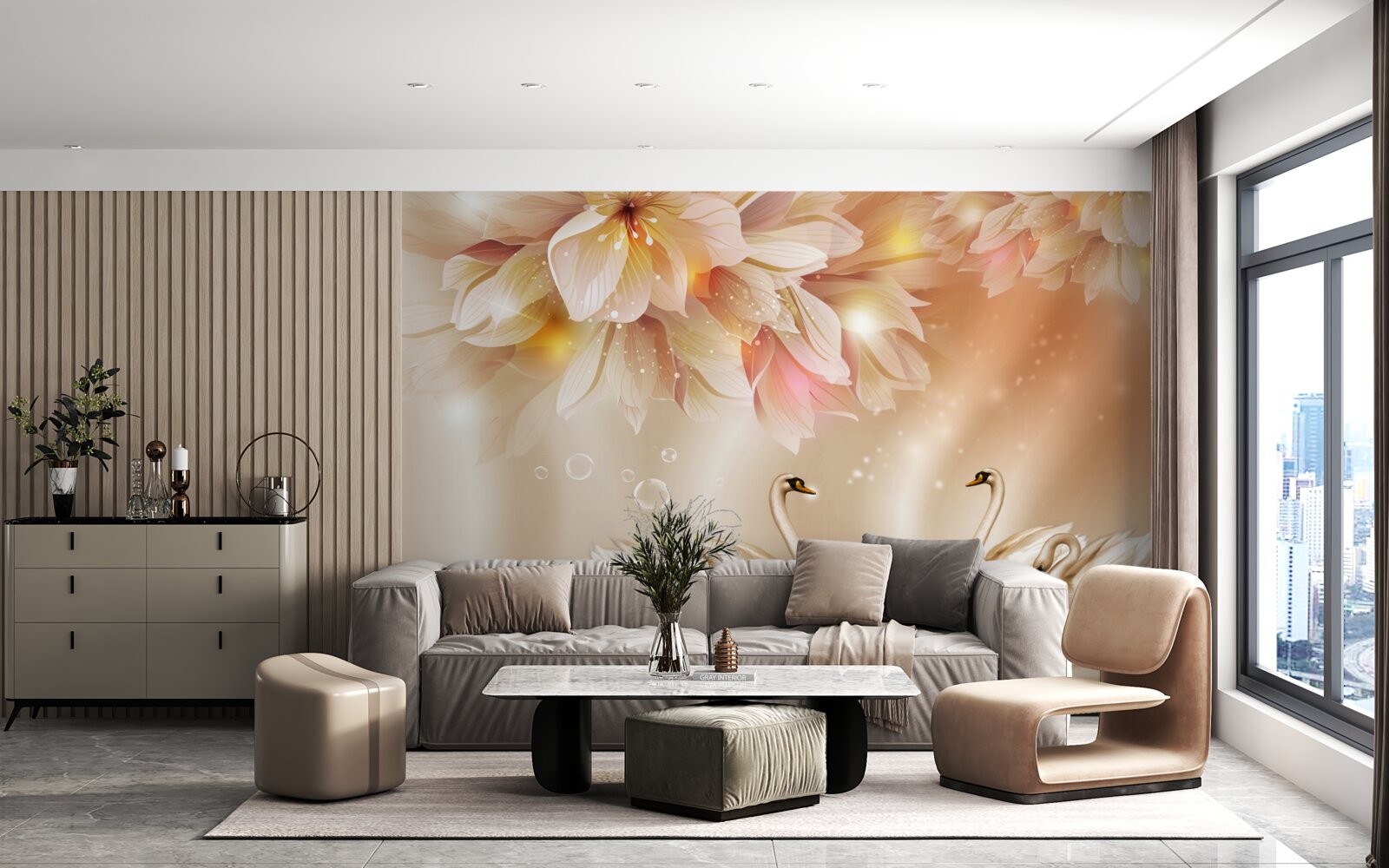 Fototapet flori și un grup de lebede grațioase pe suprafața apei