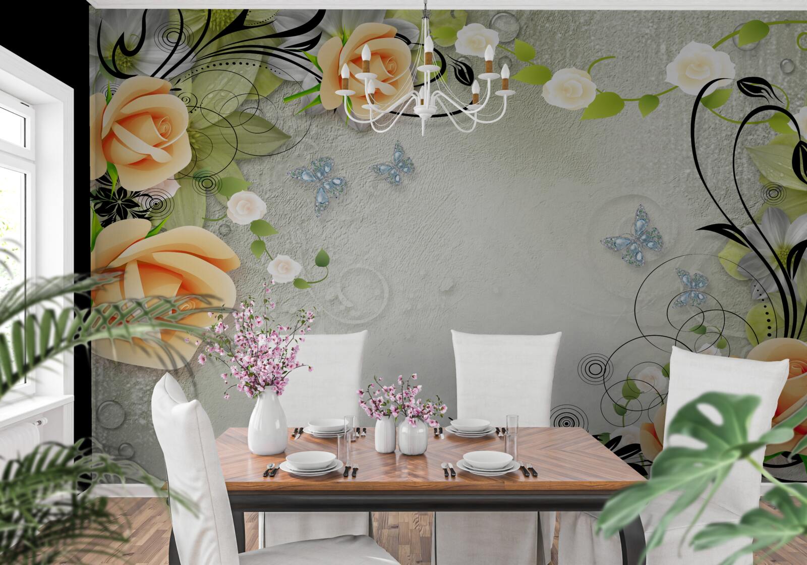 Fototapet fluturi pe ramurile unui trandafir piersic