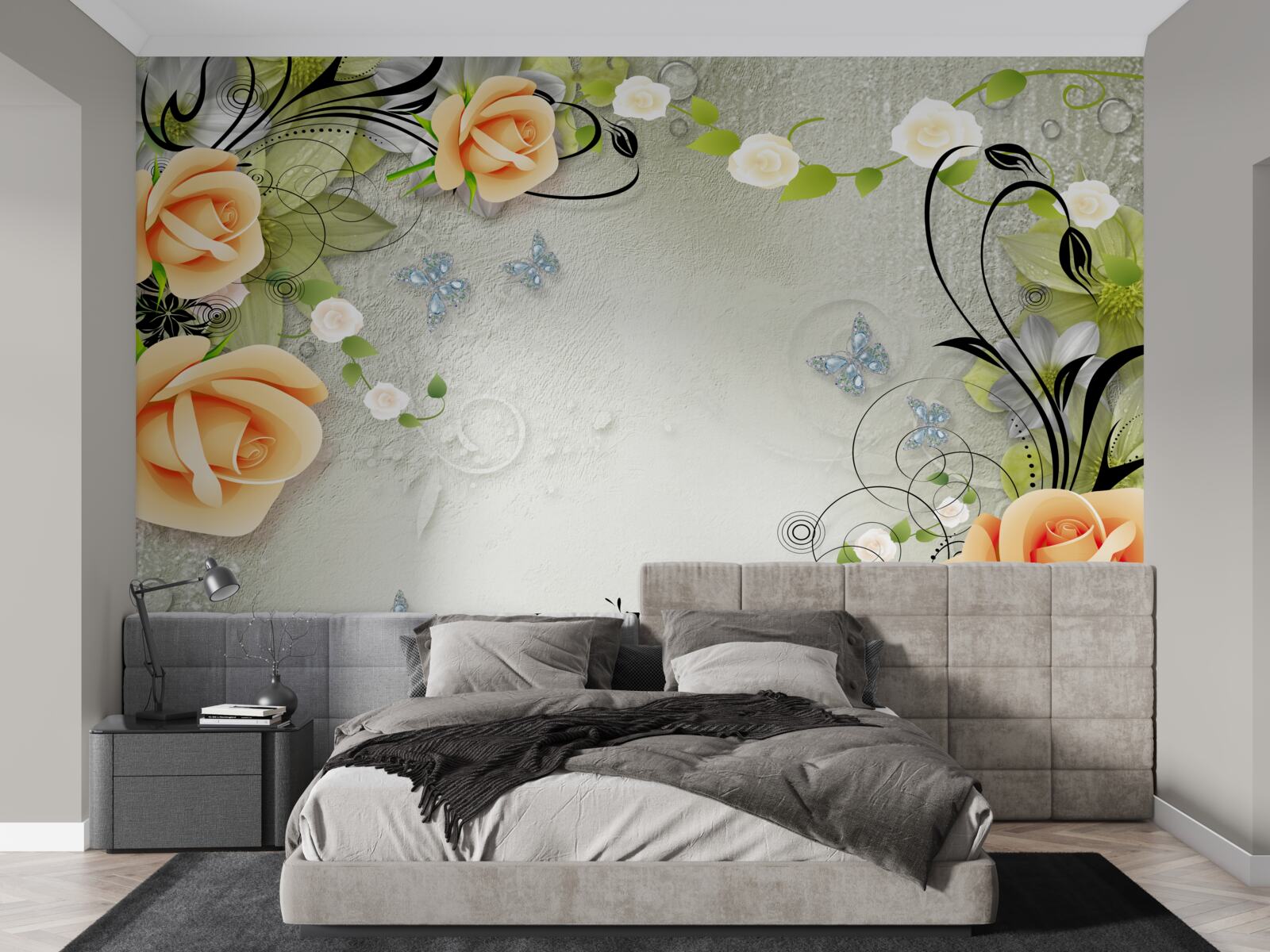 Fototapet fluturi pe ramurile unui trandafir piersic