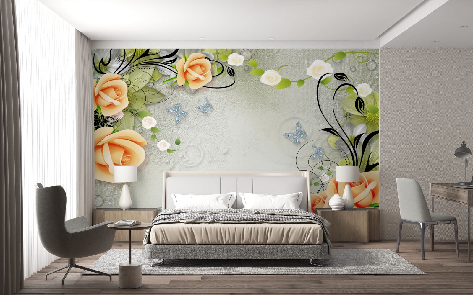 Fototapet fluturi pe ramurile unui trandafir piersic