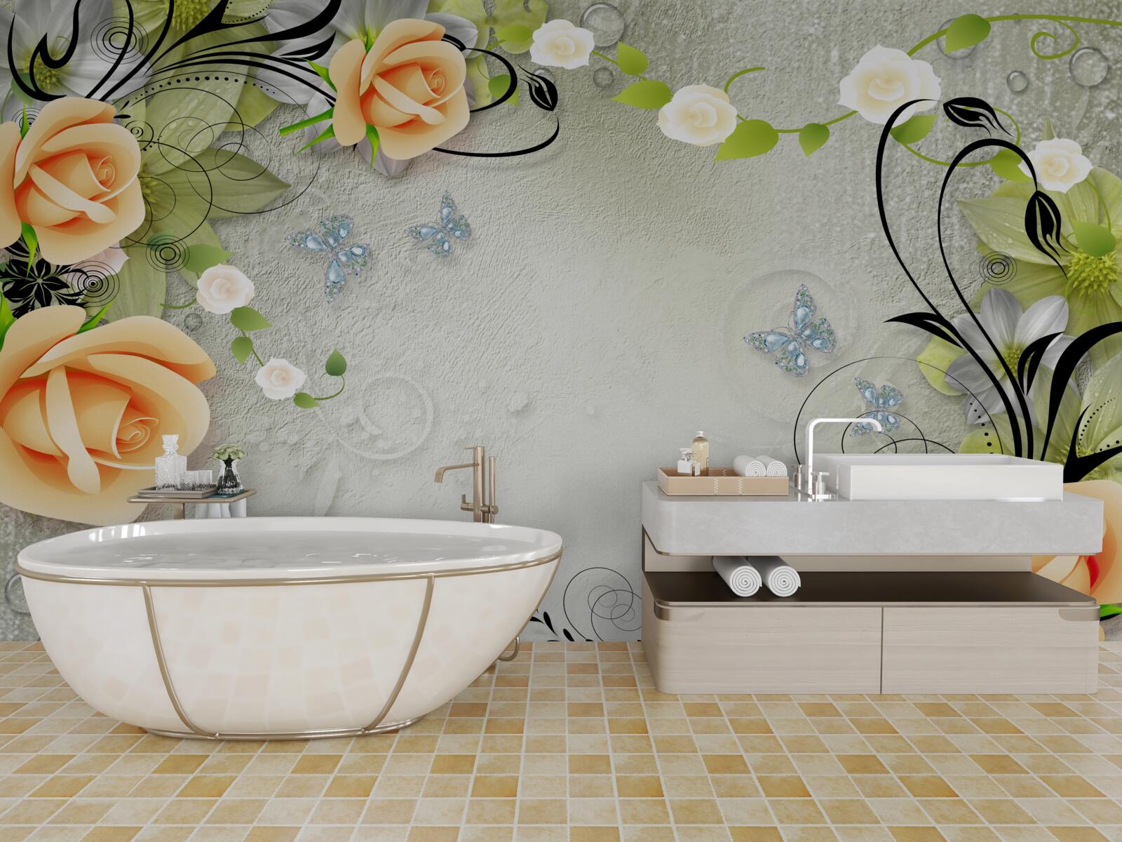 Fototapet fluturi pe ramurile unui trandafir piersic