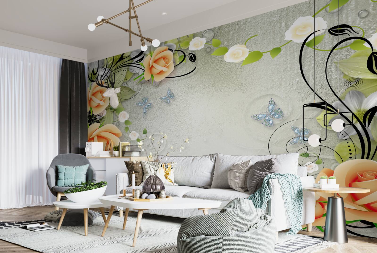 Fototapet fluturi pe ramurile unui trandafir piersic