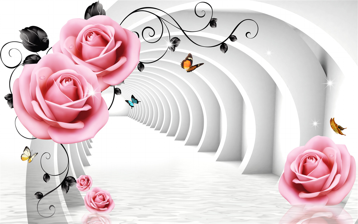 Fototapet pasaj continuu incandescent și flori de trandafir roz