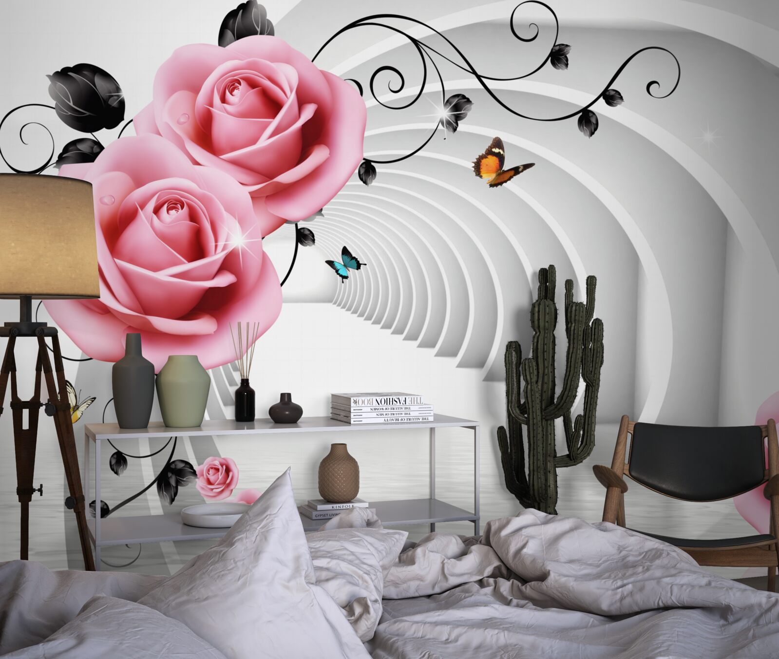 Fototapet pasaj continuu incandescent și flori de trandafir roz