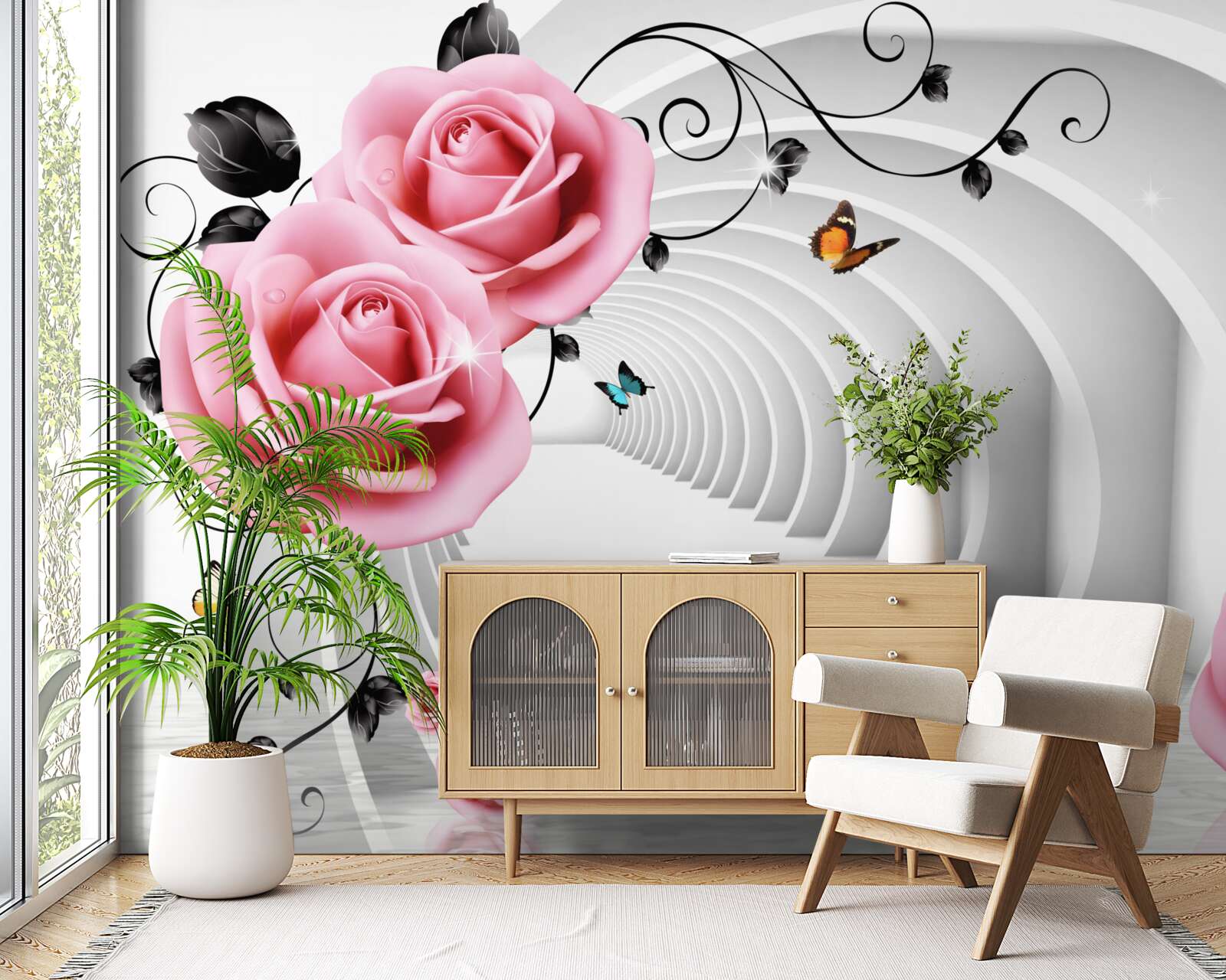 Fototapet pasaj continuu incandescent și flori de trandafir roz