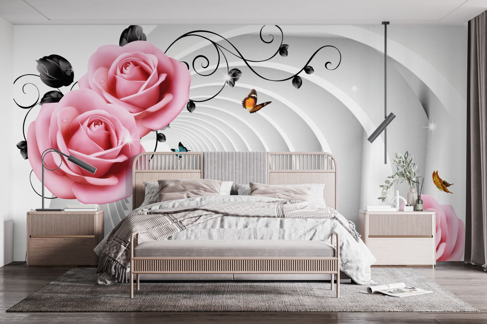 Fototapet pasaj continuu incandescent și flori de trandafir roz