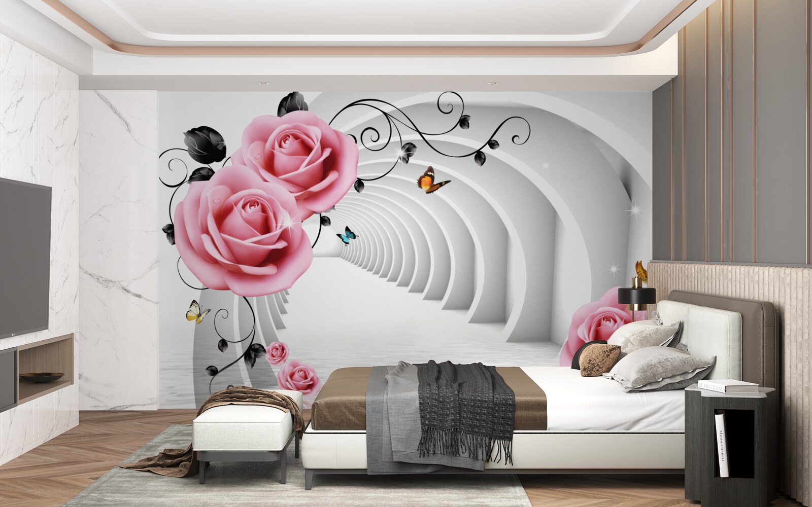 Fototapet pasaj continuu incandescent și flori de trandafir roz