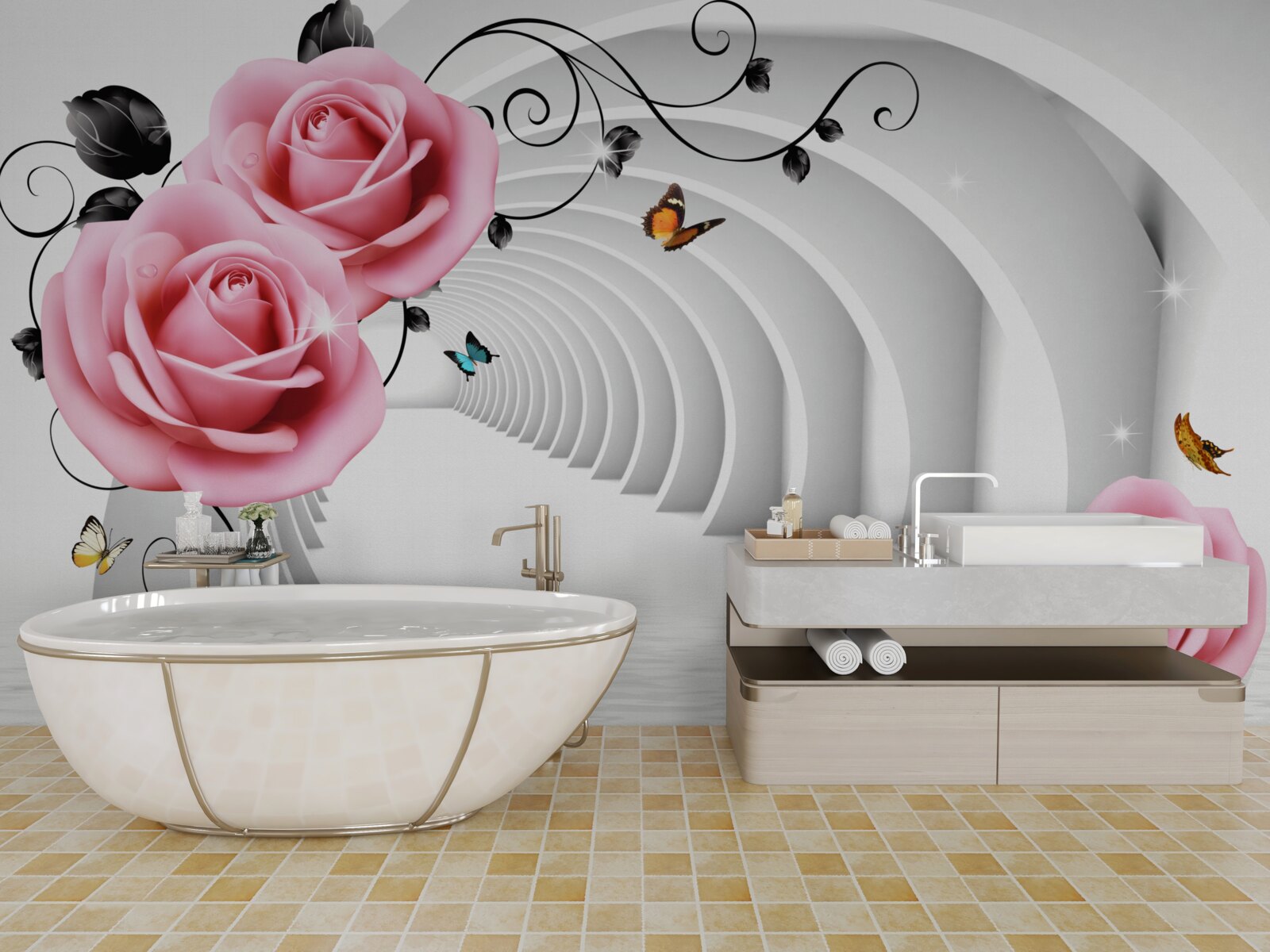 Fototapet pasaj continuu incandescent și flori de trandafir roz