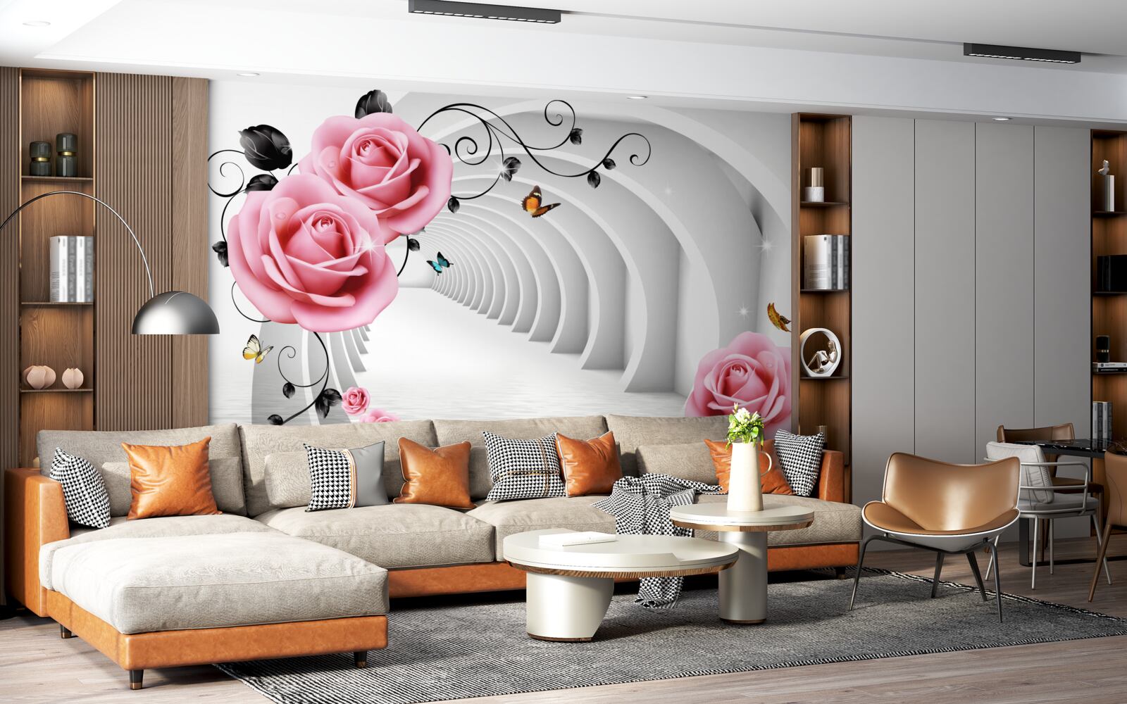 Fototapet pasaj continuu incandescent și flori de trandafir roz