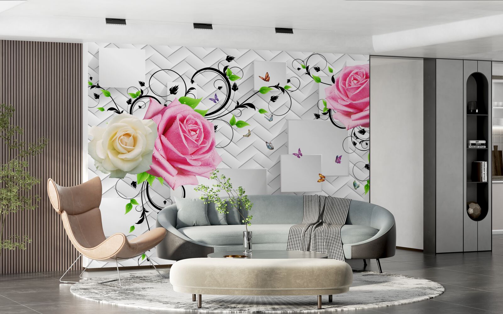 Fototapet trandafiri albi și roz pe un fundal abstract