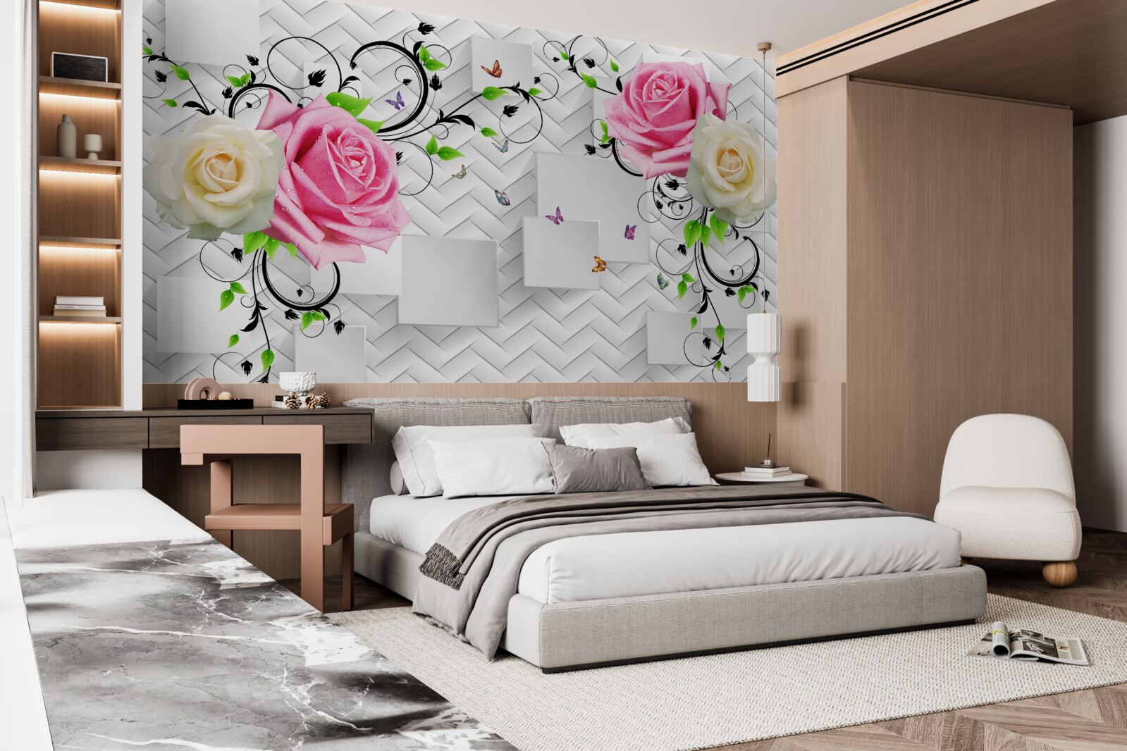 Fototapet trandafiri albi și roz pe un fundal abstract