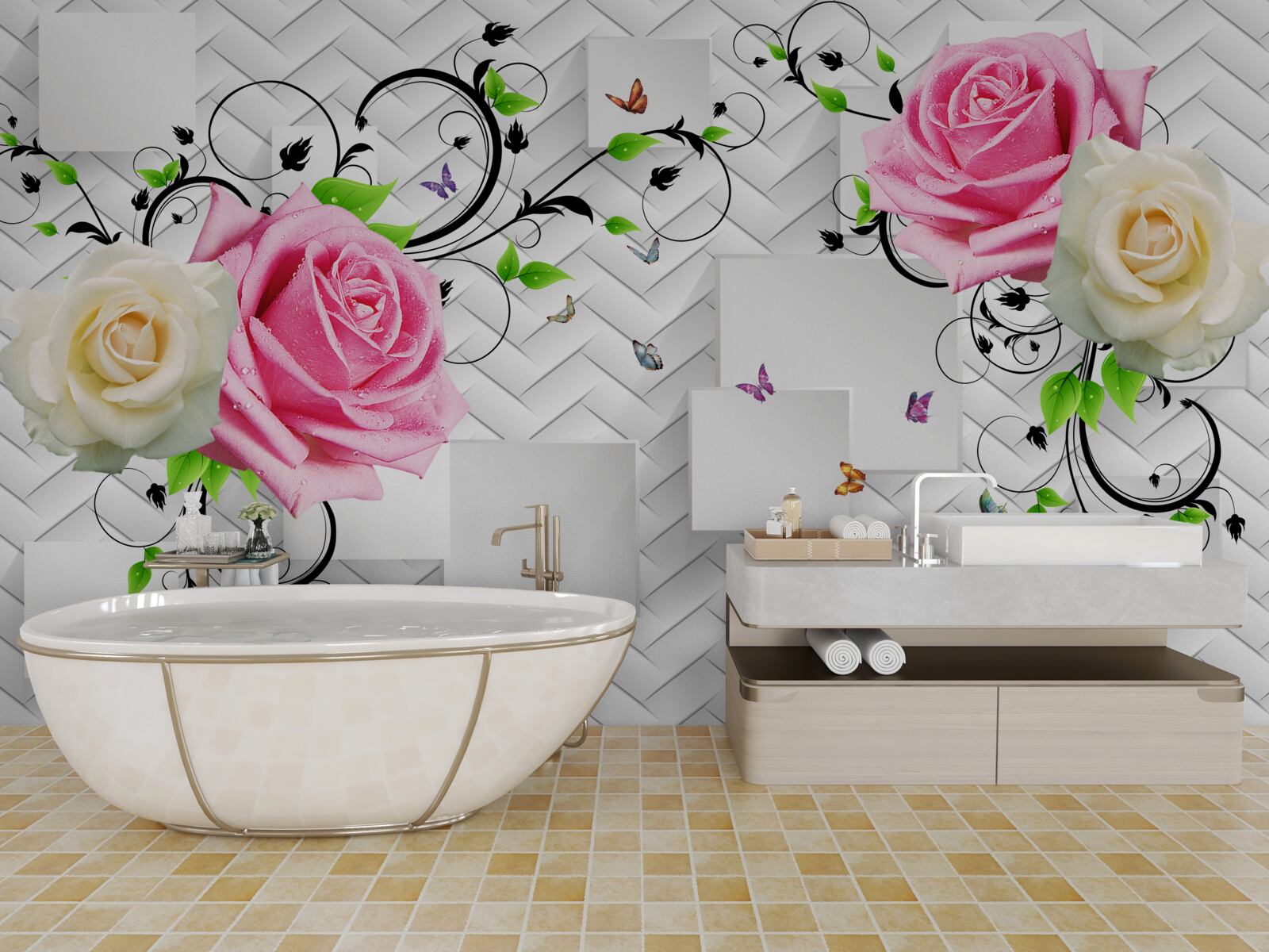 Fototapet trandafiri albi și roz pe un fundal abstract