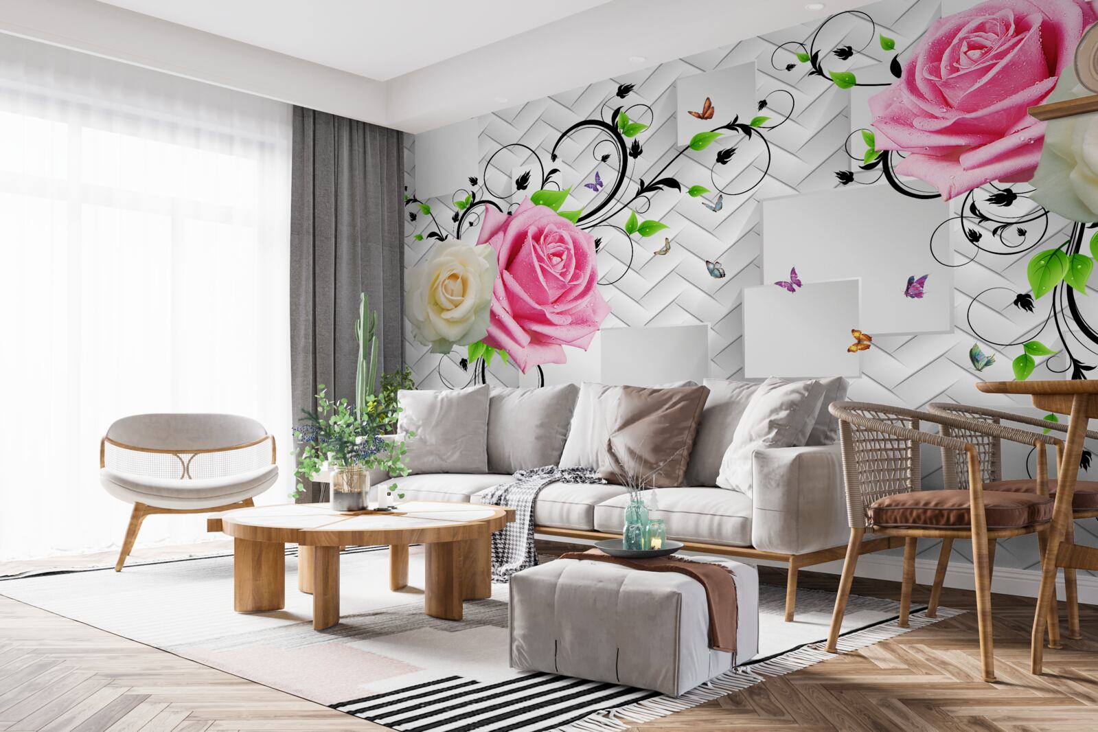 Fototapet trandafiri albi și roz pe un fundal abstract