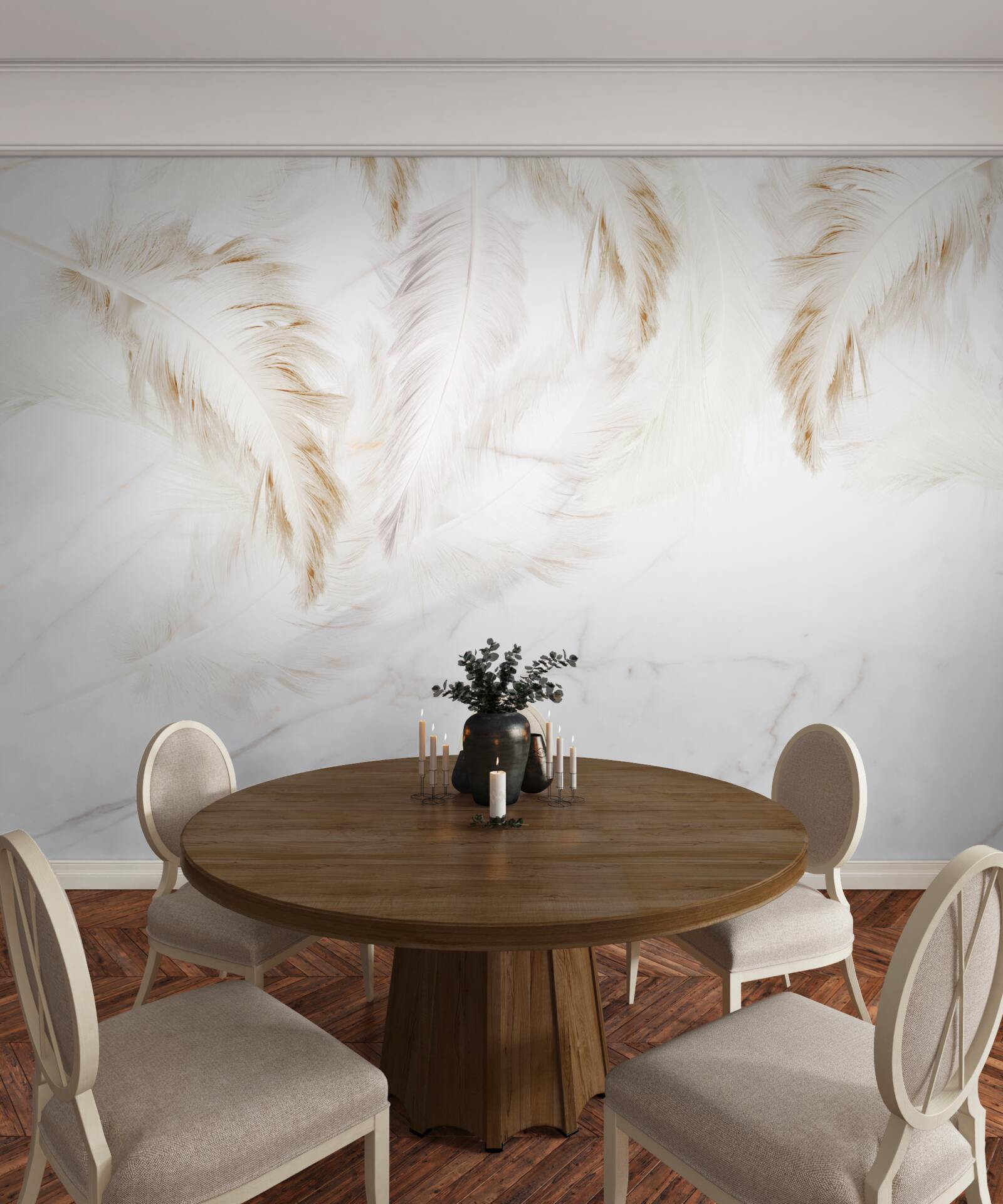 Fototapet fundal luminos cu secțiuni aurii cu pene complicate