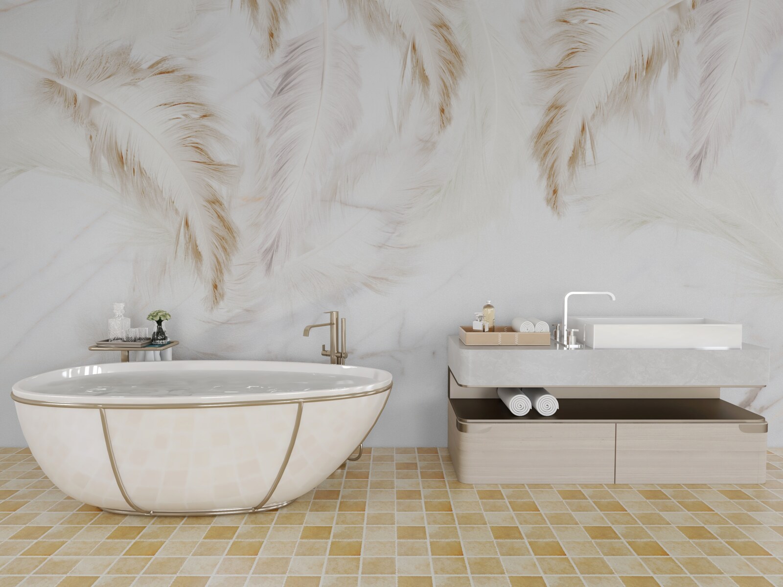 Fototapet fundal luminos cu secțiuni aurii cu pene complicate