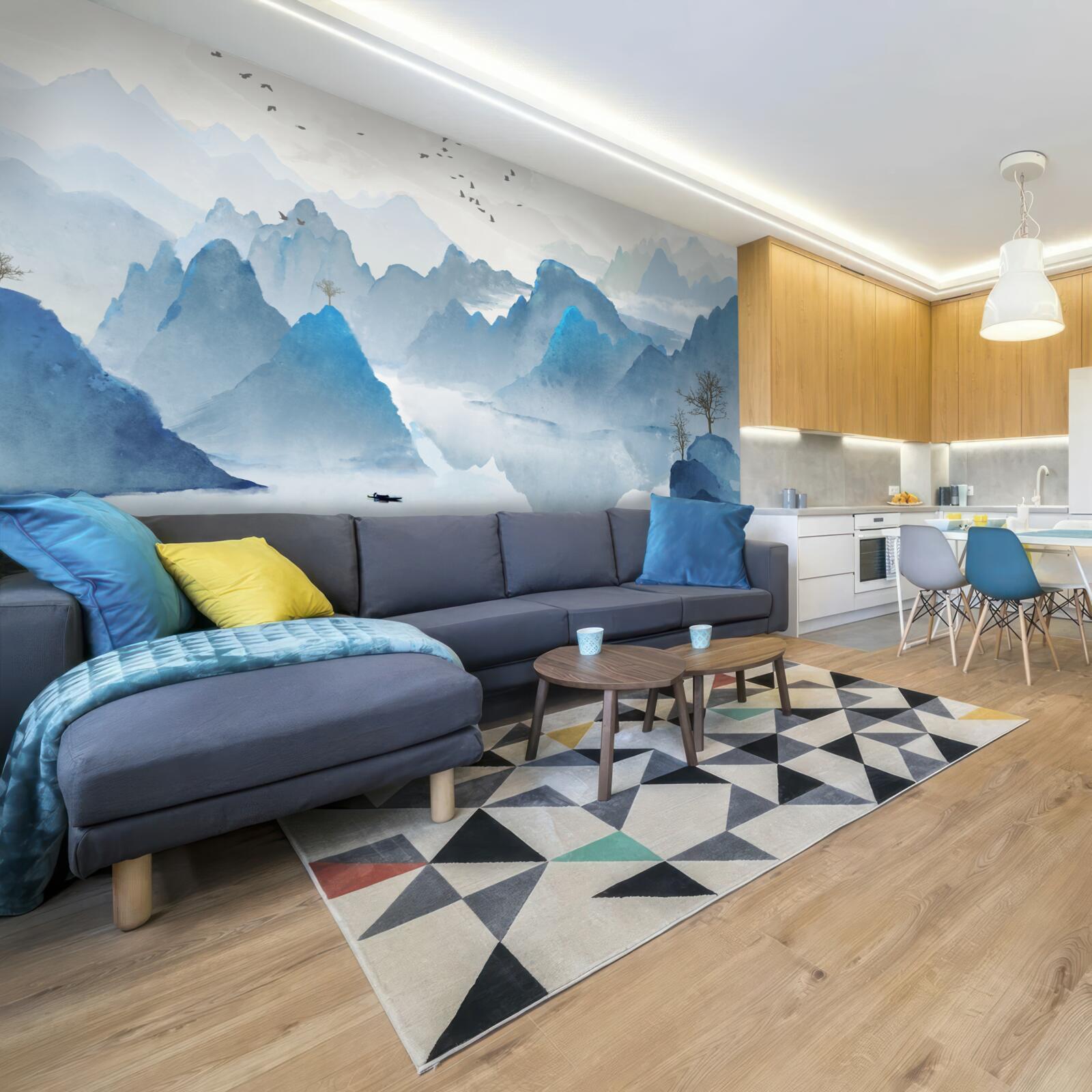 Fototapet pescar pe un râu calm de munte