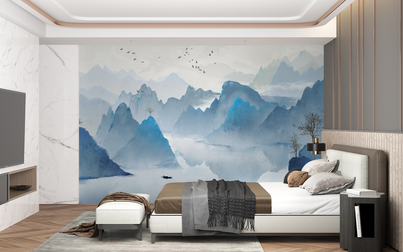 Fototapet pescar pe un râu calm de munte