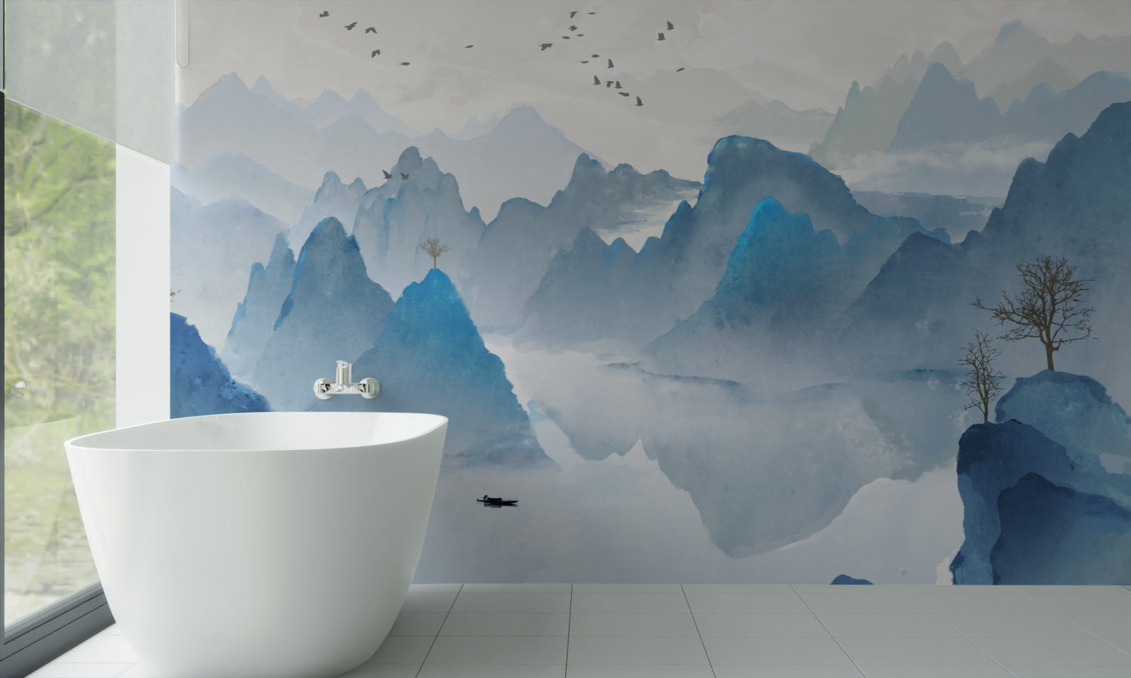 Fototapet pescar pe un râu calm de munte