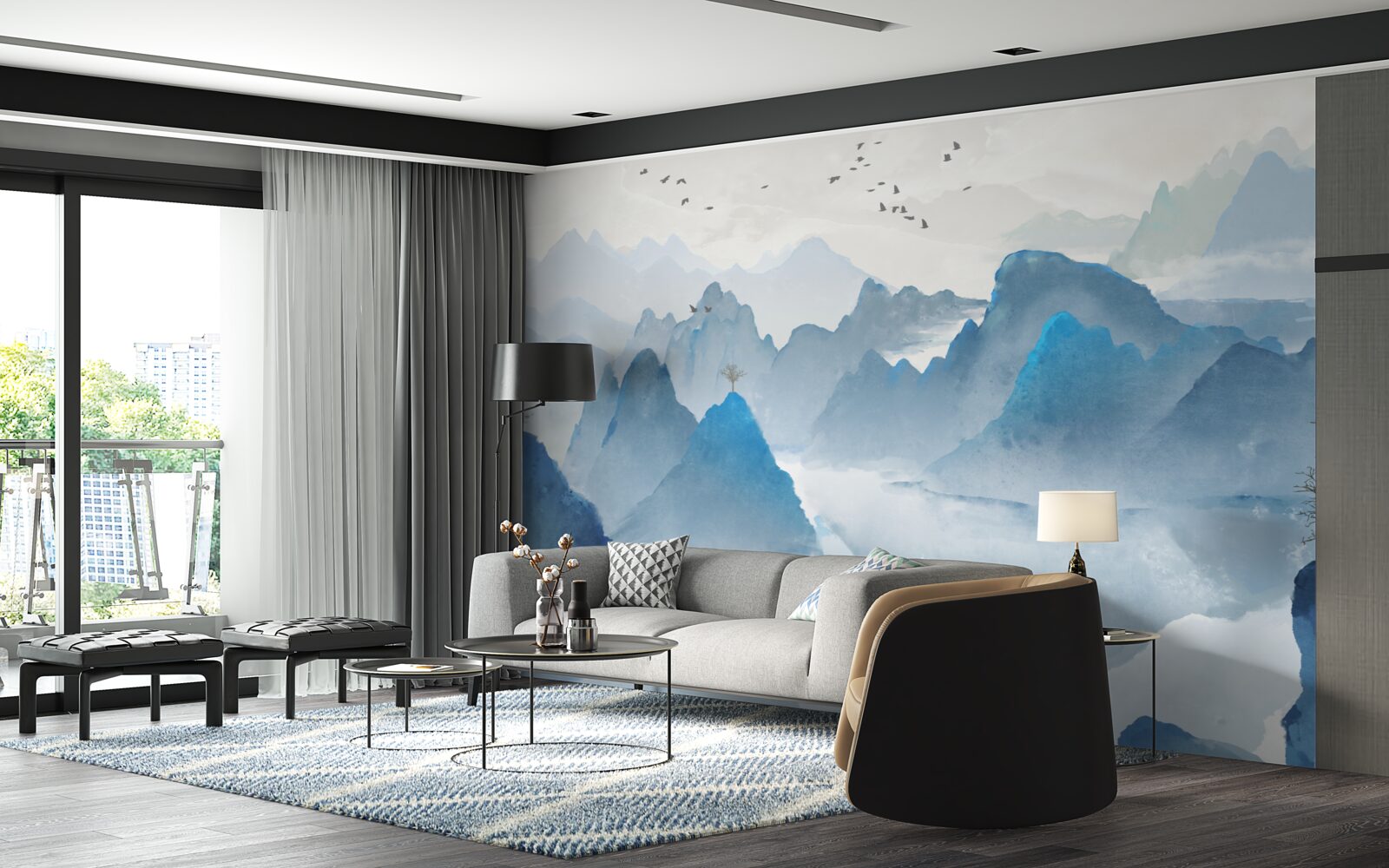 Fototapet pescar pe un râu calm de munte