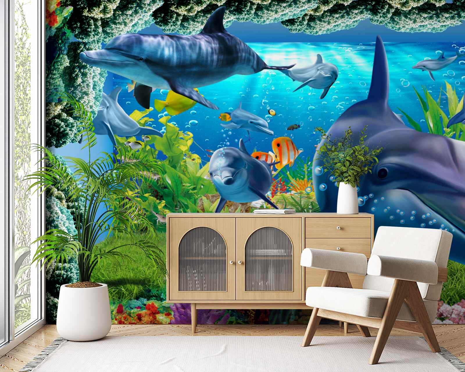 Fototapet delfinii în mediul acvatic