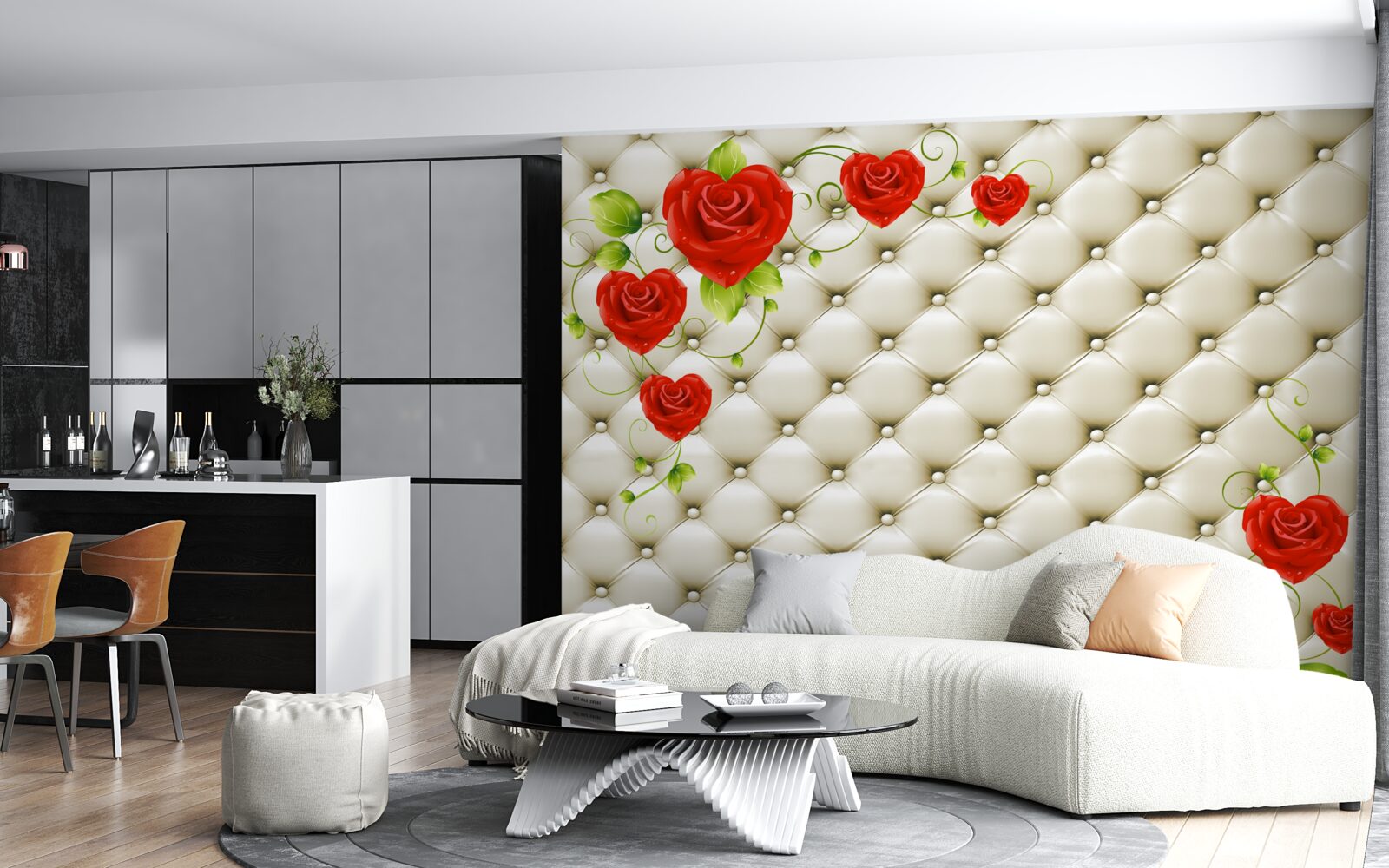 Fototapet textura țesăturii cu elemente decorative și trandafiri roșii