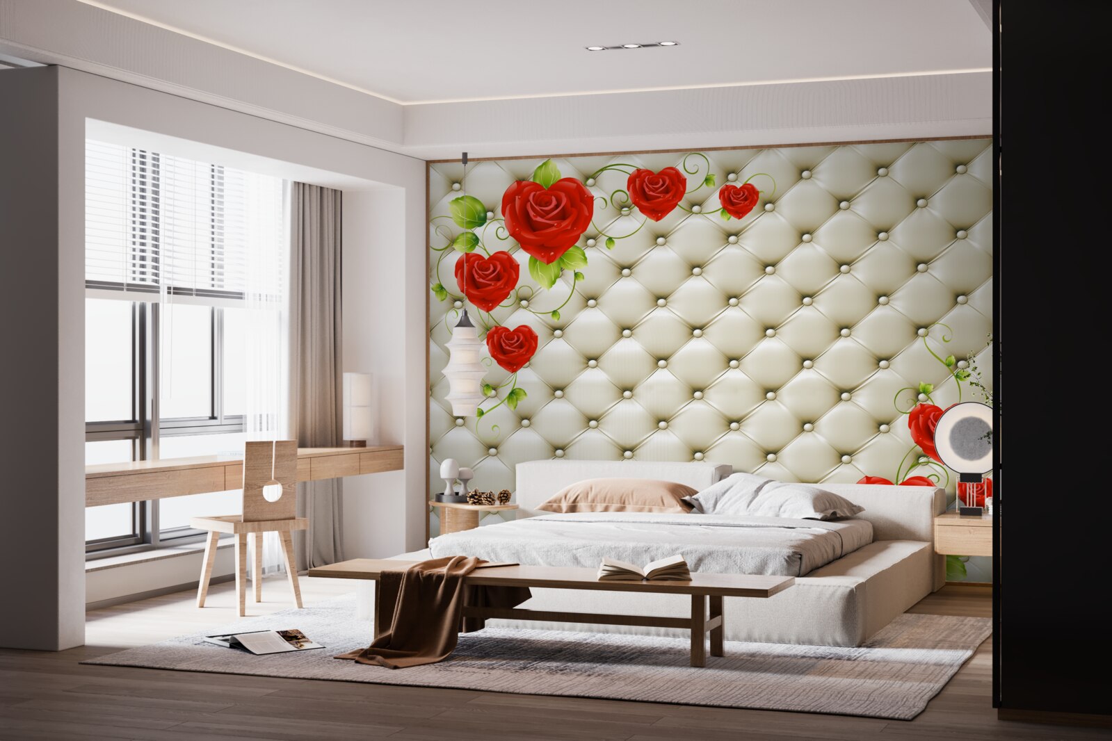 Fototapet textura țesăturii cu elemente decorative și trandafiri roșii