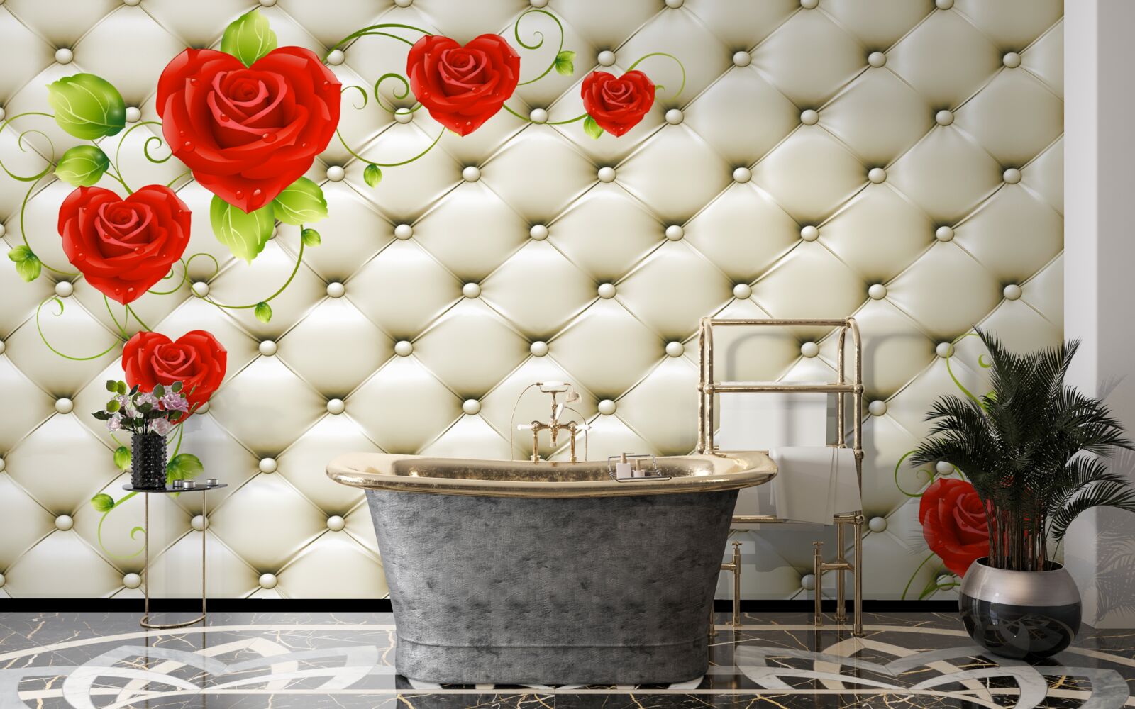 Fototapet textura țesăturii cu elemente decorative și trandafiri roșii