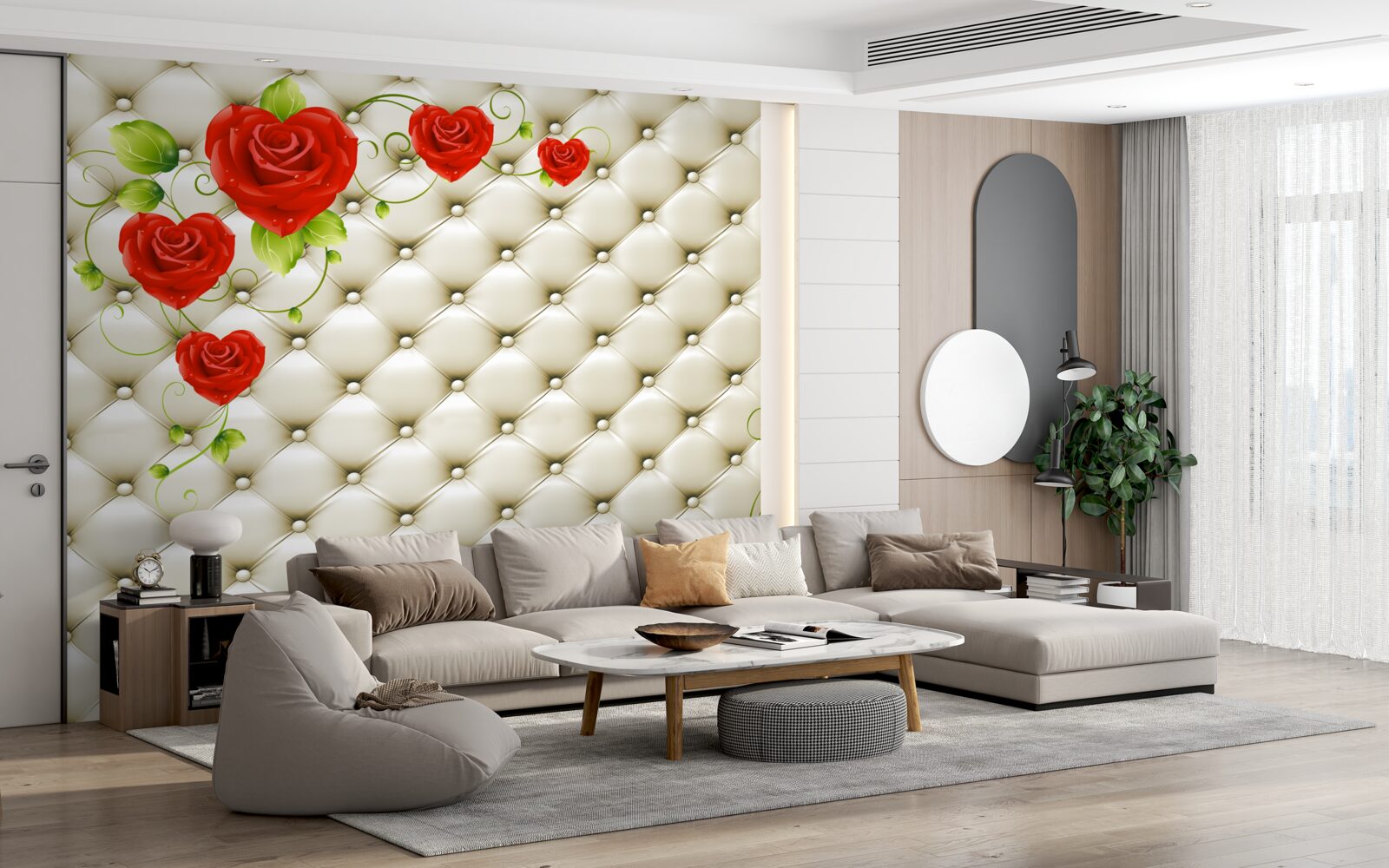 Fototapet textura țesăturii cu elemente decorative și trandafiri roșii