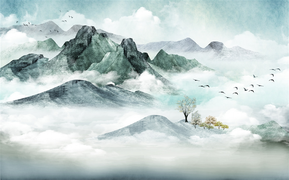 Fototapet peisaj de munți stâncoși înconjurat de ceață