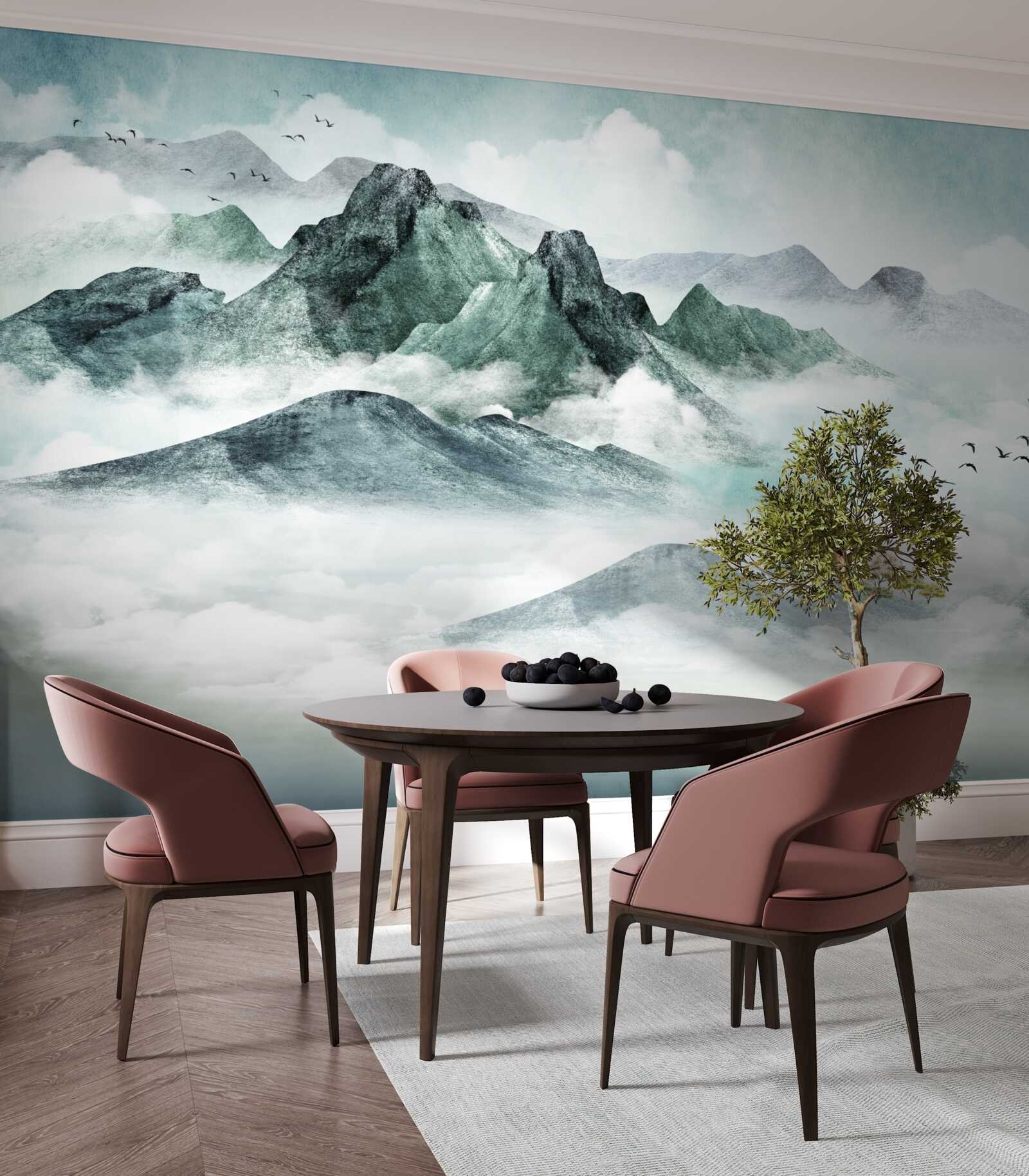 Fototapet peisaj de munți stâncoși înconjurat de ceață