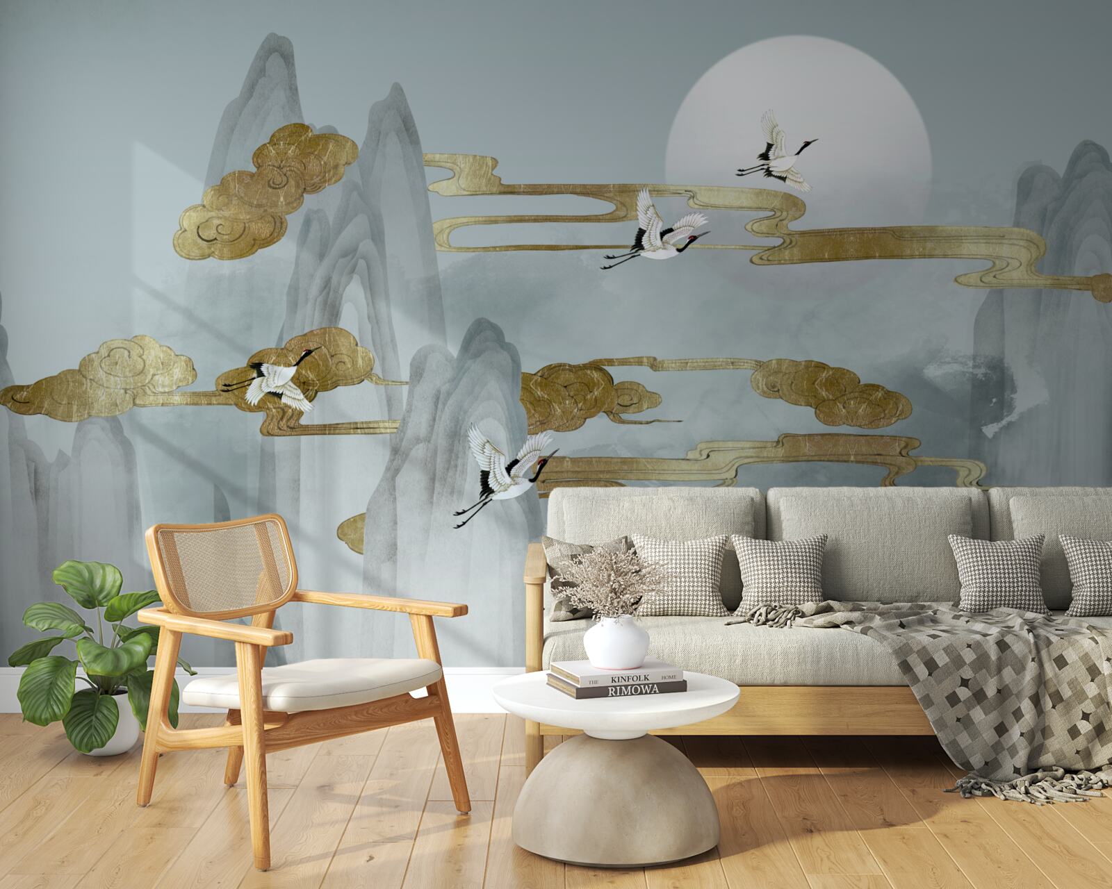 Fototapet vârfurile gri rămân în urmă în timp ce cocorii zboară