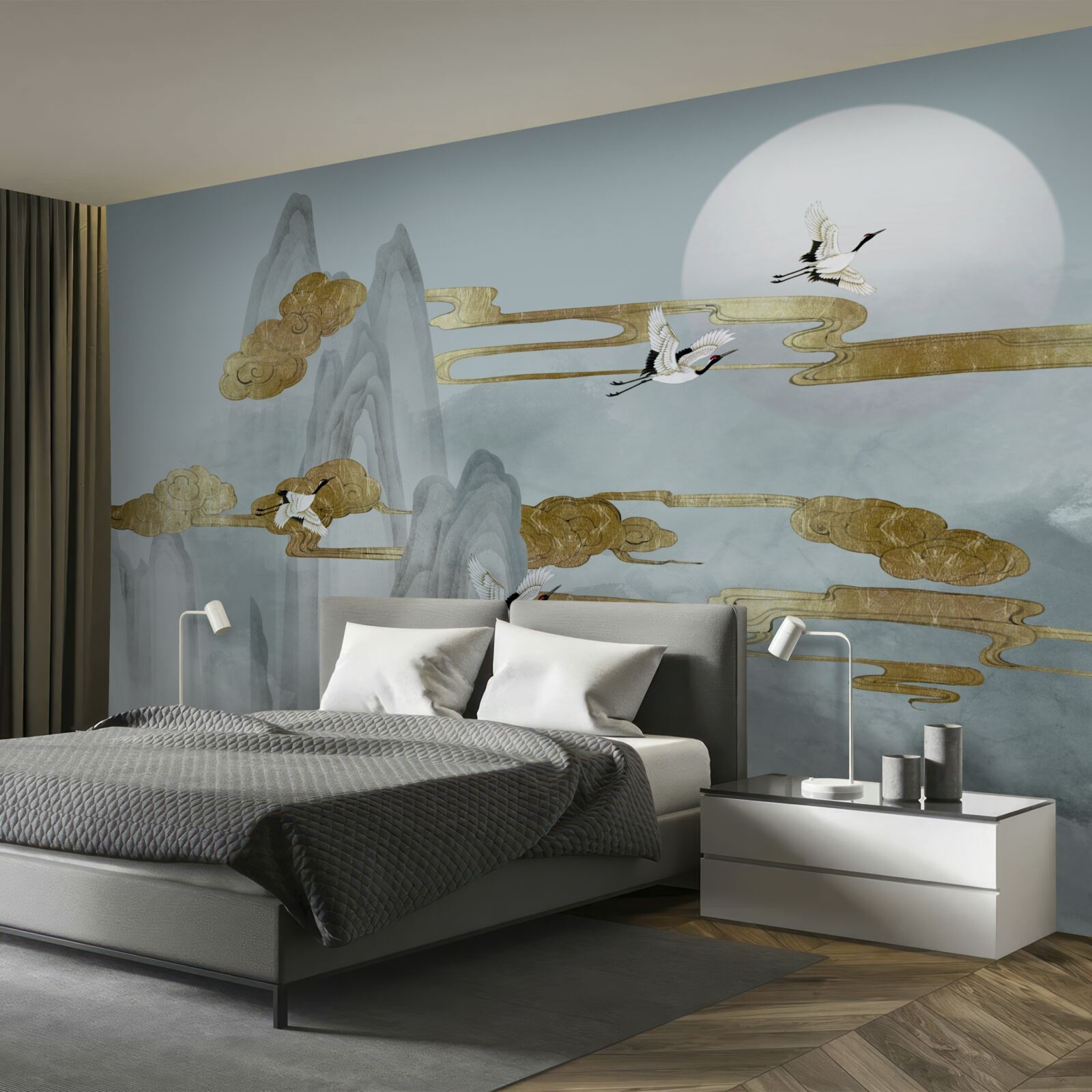 Fototapet vârfurile gri rămân în urmă în timp ce cocorii zboară