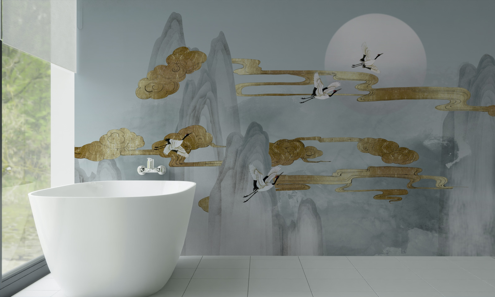 Fototapet vârfurile gri rămân în urmă în timp ce cocorii zboară