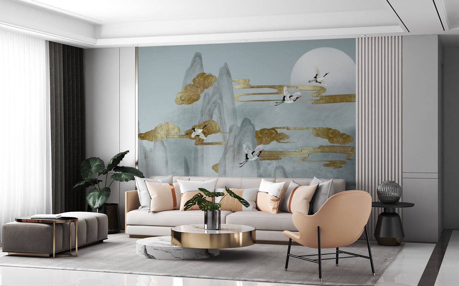 Fototapet vârfurile gri rămân în urmă în timp ce cocorii zboară