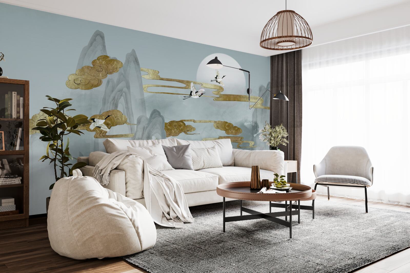 Fototapet vârfurile gri rămân în urmă în timp ce cocorii zboară