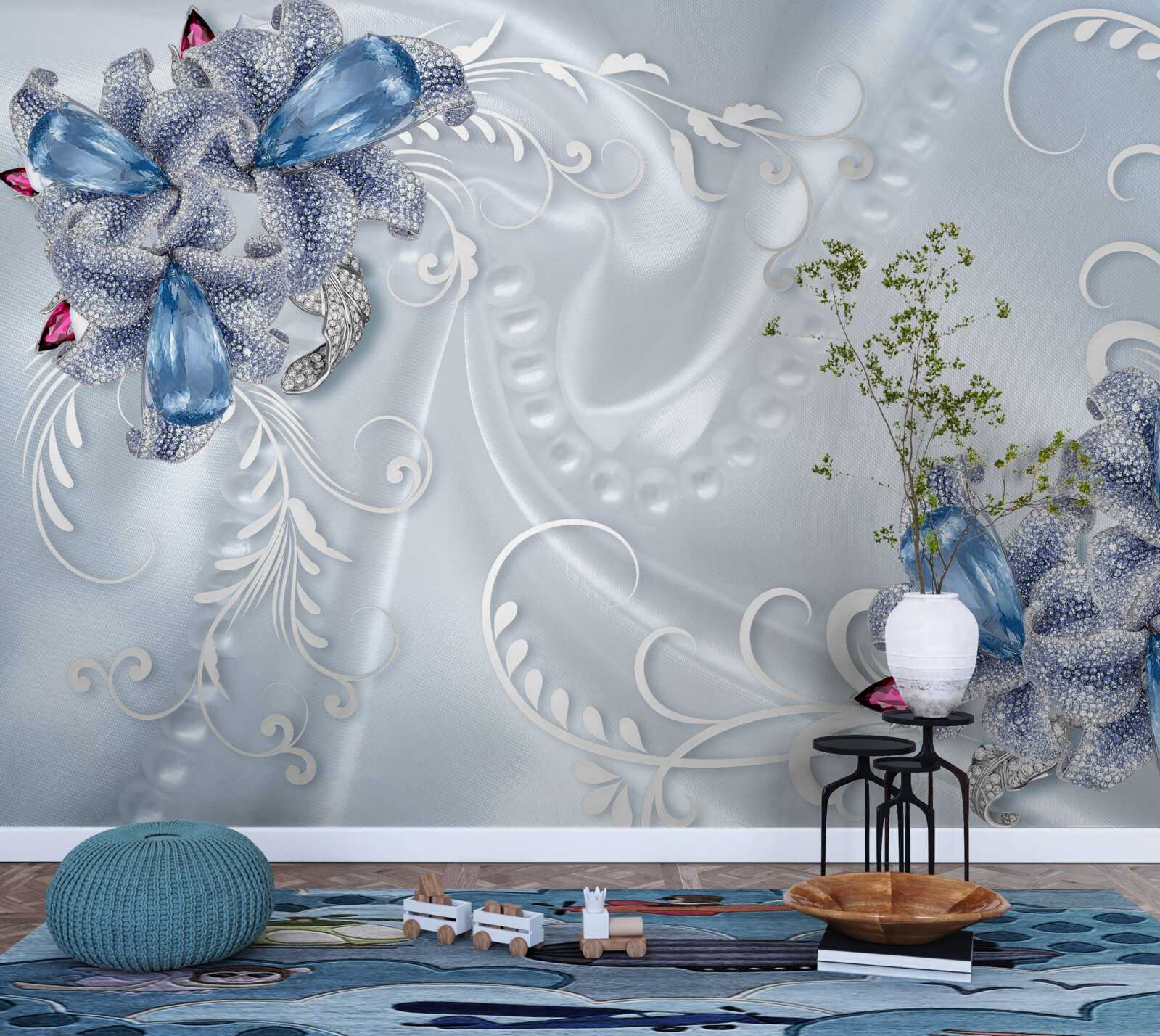 Fototapet flori exotice împletite din argint prețios și pietre prețioase frumoase