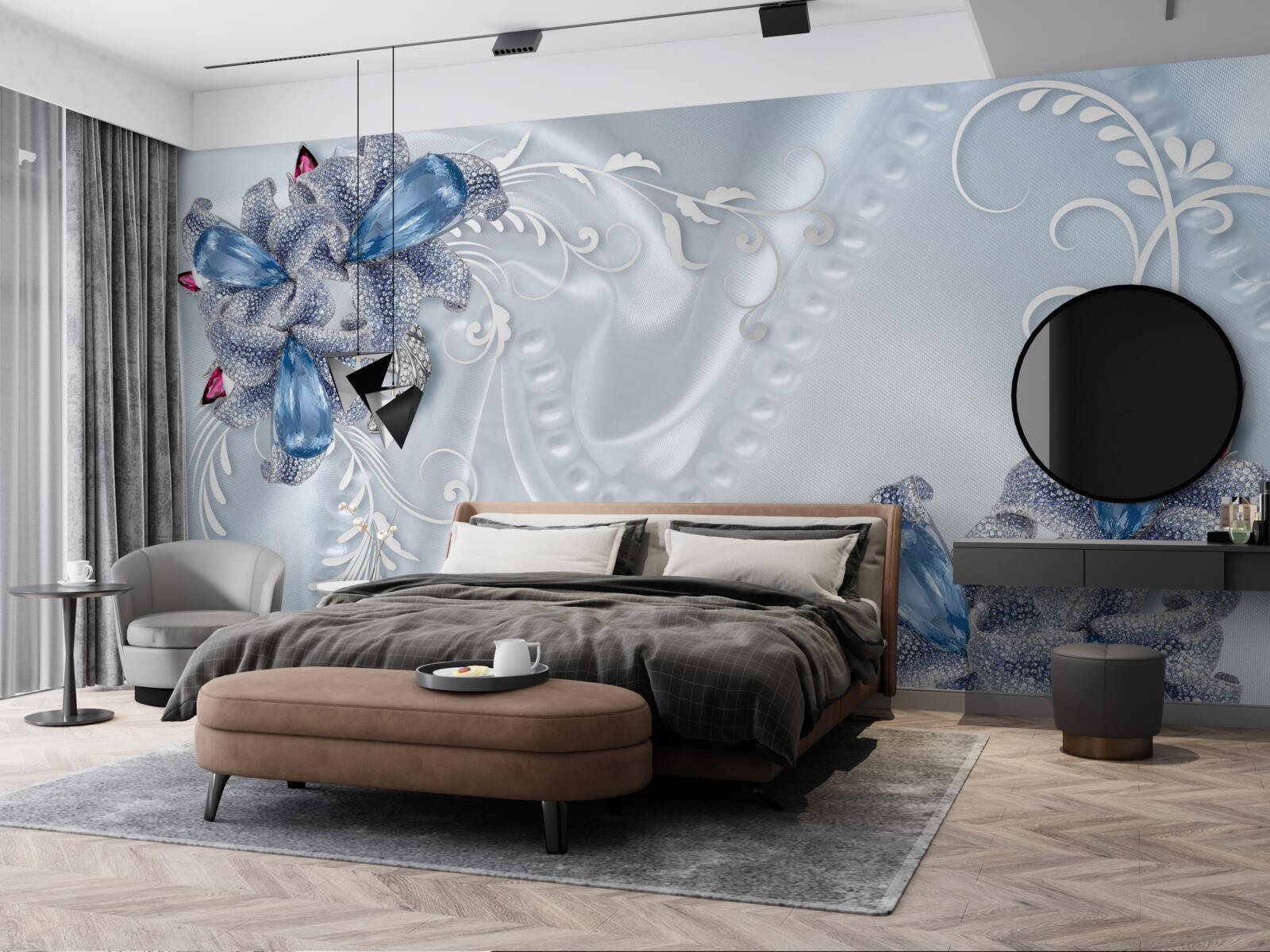 Fototapet flori exotice împletite din argint prețios și pietre prețioase frumoase