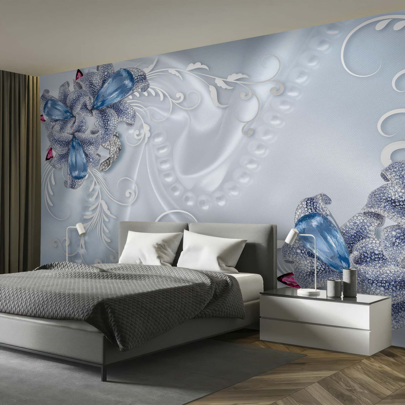 Fototapet flori exotice împletite din argint prețios și pietre prețioase frumoase